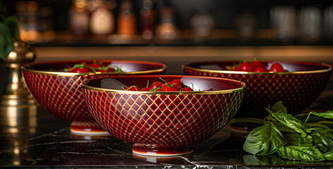  Three red bowls filled with fresh strawberries arranged neatly on a wooden table.