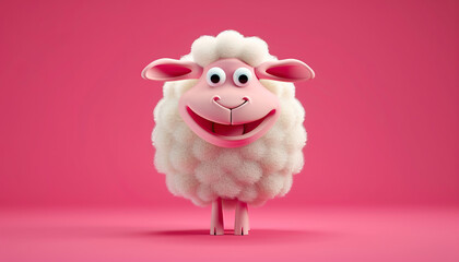 happy smiling cute little white sheep, lamb, isolated on vibrant pink background