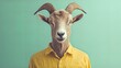 © Alex - Vibrant Goat’s Head Artwork: Detailed Fur and Striking Horns in a Warm Yellow Shirt, Perfect as a Poster for Sporty Interiors Against a Calm Mint Green Background