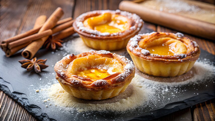 Wall Mural - Pastel de Nata is a traditional Portuguese dessert that consists of an egg tart topped with powdered sugar and cinnamon.