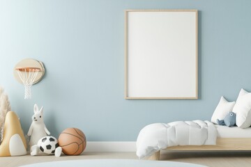 Playful Sports-Themed Frame Mockup in Blue and White Children's Room