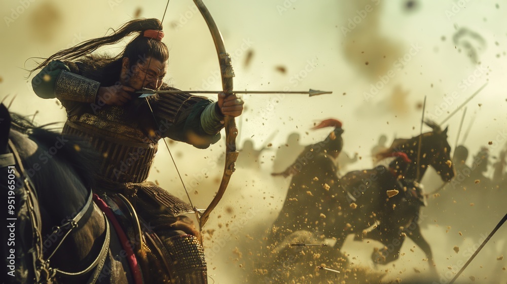 Mongol Archer Warrior on Horseback Engaged in Fierce Battle Scene Stock ...