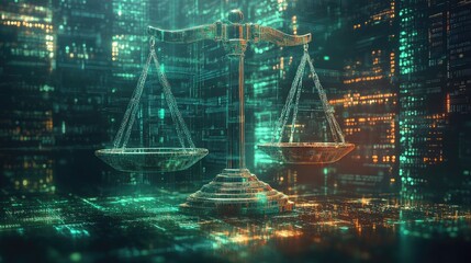 Canvas Print - Digital Scales of Justice, Abstract, Futuristic, Law, Technology, Justice, Balancing,  Equality, Data,  Law, Lawful.