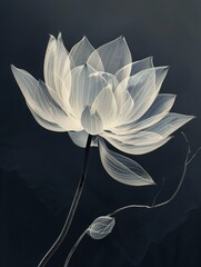 Wall Mural - minimalism and abstract illustration, black background, ballpoint drawing art style, white, Capillary Effect, extremely close-up shot to fluorescent white lotus, white patter with gradient translucent