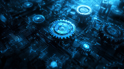 Wall Mural - abstract blue digital technology background with gears and cogs, dark color palette