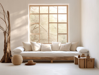 Wabi sabi and japandi japanese style rustic interior in in white and neutral with wood, pottery and texture elements