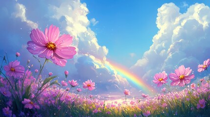 Pink cosmos flower field with rainbow after rain in blue sky and cloud,watercolor,This is an illustration of a sunny autumn sky and a cosmos field,3D illustration,space for text.