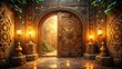 © kittipon - whimsical mystical doorway glowing golden light warm inviting atmosphere lavish ornate ancient mystic symbols intricately carved wooden panels subtle mysterious soft focus