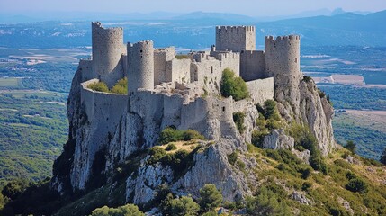 A striking medieval castle perched on a rocky hilltop, surrounded by lush green valleys and expansive landscapes. The stone fortress features multiple cylindrical towers with battlements, walls showin