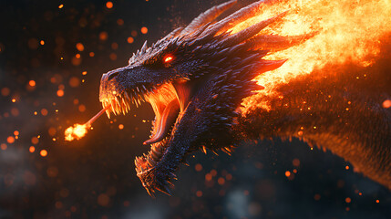 Wall Mural - intense close-up of a dragon's head as it roars, with vibrant fire emerging from its mouth 