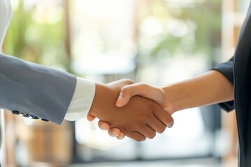 A firm handshake between two individuals, symbolizing mutual agreement, professional trust, and successful negotiation.