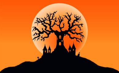 Tree house on a hill against the moon. Background for Halloween celebration. Vector illustration.