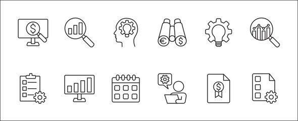 Business strategy, management, setup, research and plan icon set. Contains icons or symbol of businessman, team, discussion, meeting, setting, binocular, thinking, idea. Flat thin line graphic design