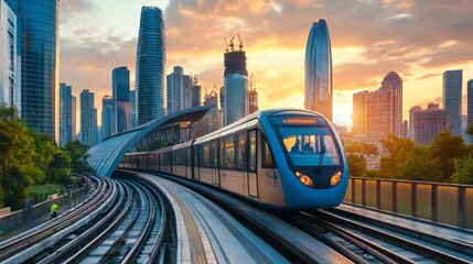 Aufkleber - sky trains and mass transportation station with modern building in city background