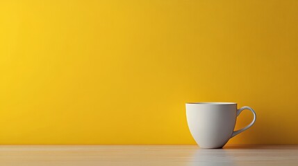 Wall Mural - A white cup sits on a table in front of a yellow wall