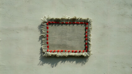 frayed edges of a fabric patch outlined with red thread on a textured background