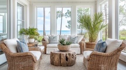 Wall Mural - A cozy coastal sunroom with rattan chairs, a driftwood coffee table, large potted plants