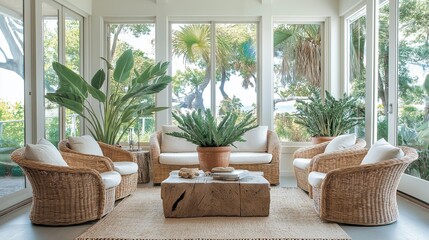 Wall Mural - A cozy coastal sunroom with rattan chairs, a driftwood coffee table, large potted plants