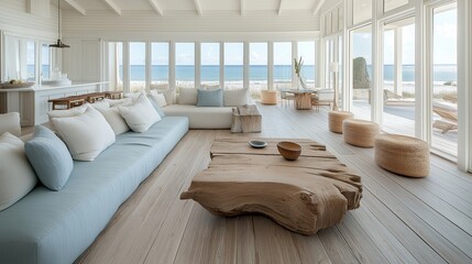 Wall Mural - A serene coastal living room with whitewashed wooden floors