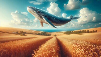 Surreal whale floating over golden wheat fields under a bright blue sky with fluffy clouds
