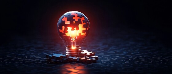 bulb with puzzle pieces, problemsolving concept, flat design illustration
