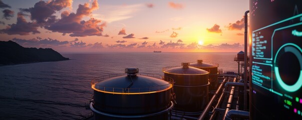 An industrial landscape featuring an oil refinery or storage facility by the sea during sunset.