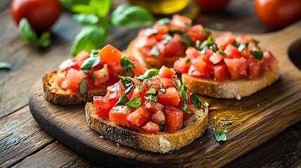 Wall Mural - Classic tomato and basil bruschetta with garlic, drizzled with olive oil on a rustic wooden board