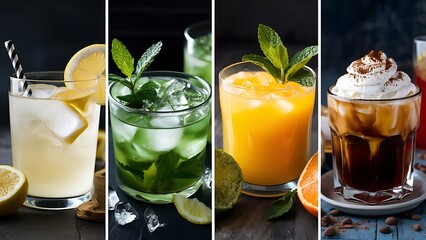 Set of four closeup photos of refreshing drinks with ice.