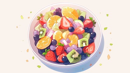 Vibrant fruit salad featuring colorful strawberries, bananas, kiwis, and grapes, perfect for healthy recipes and summer refreshment.