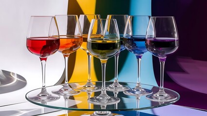 Wine glasses with red, orange, yellow, green, blue, violet liquids stand on a glass surface on a white background