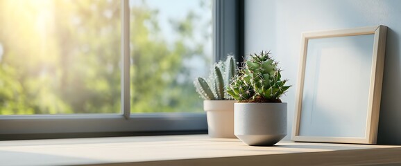 Wall Mural - Two potted cacti on windowsill with a framed blank picture.