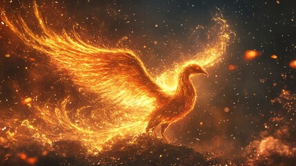 Wall Mural - A fiery phoenix soars through a dramatic sky, its wings ablaze with a radiant glow.