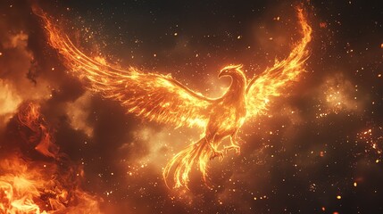 Wall Mural - A majestic phoenix, a mythical bird, soars through the air, its wings ablaze with fire.