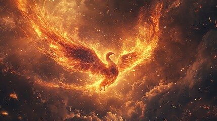 Wall Mural - A fiery phoenix soars through a dramatic sky, its wings ablaze with a radiant glow.
