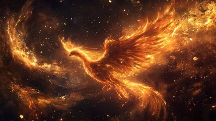 Wall Mural - A fiery phoenix soars through a dramatic sky, its wings ablaze with a radiant glow.