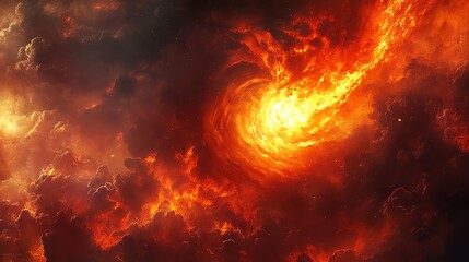 Wall Mural - A fiery vortex swirls through a cosmic landscape, casting an ethereal glow on the surrounding clouds.