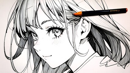 Wall Mural - Anime girl sketch with colored pencils on a white background. Suitable for posters, stationery, social media, and digital art projects.
