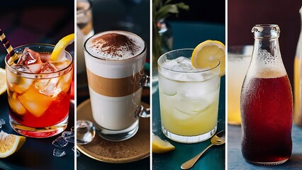 Set of four closeup photos of refreshing drinks with ice.