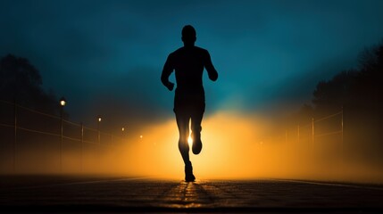 A silhouette of a runner captured at dawn, illuminated by a distant light source on a foggy street, conveying determination and solitude.