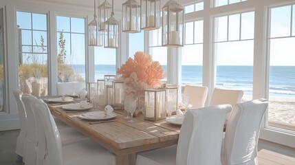 Wall Mural - A stylish coastal dining room with a reclaimed wood table, white slipcovered chairs,