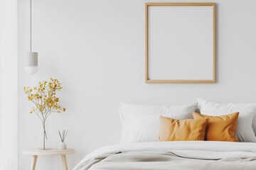 Wall Mural - Serene Attic Bedroom with Frame Mockup Above Bed, Soft Bedding, and Warm DÃ©cor