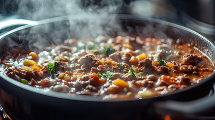 A close-up of a hot and spicy stew in a pot with steam escaping from the lid, showcasing the hearty and flavorful nature of the dish and the warmth it provides.