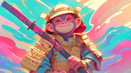 Wall Mural - Cute monkey wearing Japanese samurai armor, cool poses, cute kawaii, simple, smiling happy. neon psychedelic background