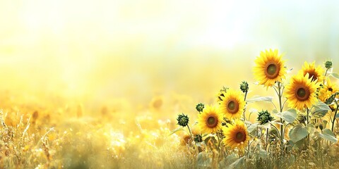 Wall Mural - A flower of a sunflower blossoms on a field of sunflowers on a sunny day. Creative banner. Copyspace image