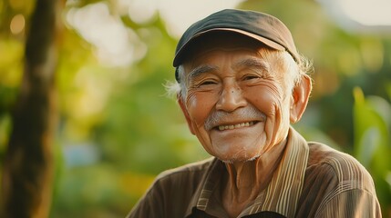 Wall Mural - 43. An elderly person expressing contentment with a warm smile and relaxed posture