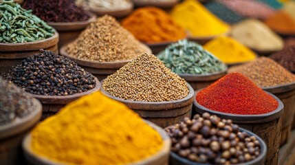 Wall Mural - Colorful Spices in Wooden Bowls at Market Stall