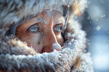 An introspective close-up portrait of a person bundled in thick winter clothing with snowflakes falling around, revealing the detailed textures of frost on the eyebrows and eyelashes