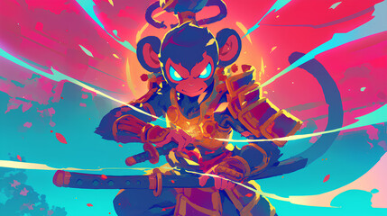 Canvas Print - Cute monkey wearing Japanese samurai armor, cool poses, cute kawaii, simple, smiling happy. neon psychedelic background