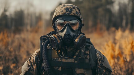 Soldier in Gas Mask and Camouflage Uniform Looking at Camera