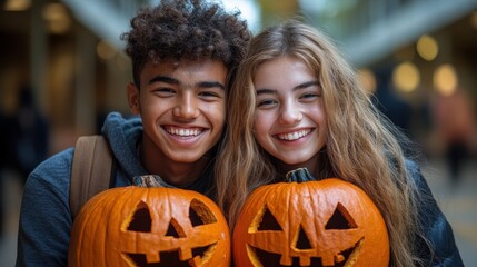 Two young people joyfully holding carved jack-o'-lanterns during a festive fall celebration, showcasing their vibrant smiles while enjoying the autumn holiday spirit